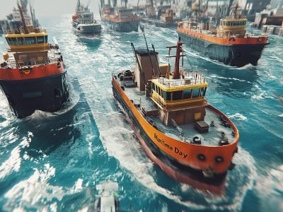 3D text Maritime Day nautical themes with ships