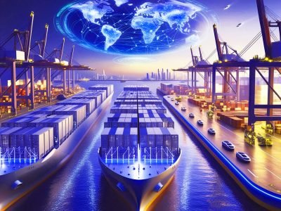 A fleet of sleek silver futuristic cargo cont with network connect.